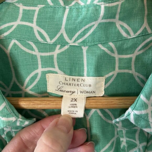 Charter Club 100% Linen Button Up Top Mint Green Roll Tab Sleeve Blouse Sz XXL - Picture 3 of 8